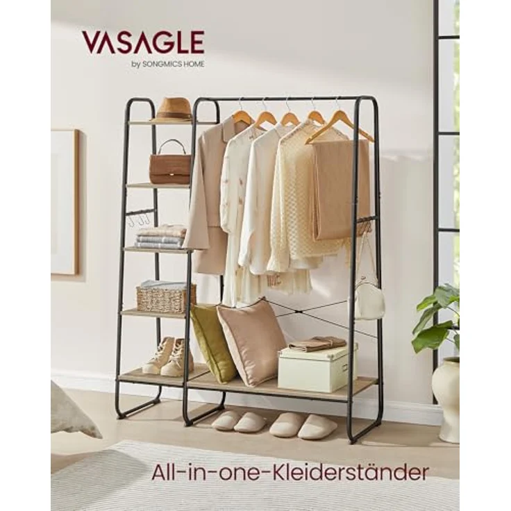VASAGLE Kleiderständer, Garderobenständer, 45 x 120 x 160 cm Garderobe, Kleiderstange, Schuhablage, offener Kleiderschrank, 6 Haken abnehmbar, Schlafzimmer Flur, türkisbraun-Mattschwarz RGR116K01 – Bild 3