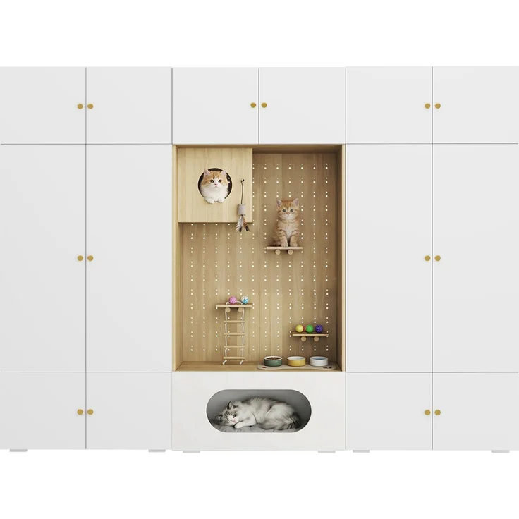 Kleiderschrank, Garderoben-Set Garderobe, Haustierschrank, 270 x 50 x 200 cm, mit 1 Kleiderstange und Katzenkletterwand, für Schlafzimmer, Wohnzimmer und Flur, Weiß+Holzoptik--Weiß, Holz--270x50x200cm--YOUDENOVA – Bild 6