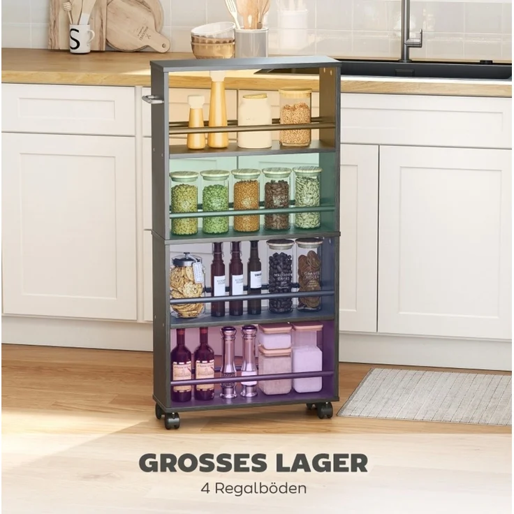 Rollwagen aus Holz mit 4 Fächern und feststellbaren Rollen, 45x15x91 cm, Schwarz – Bild 6