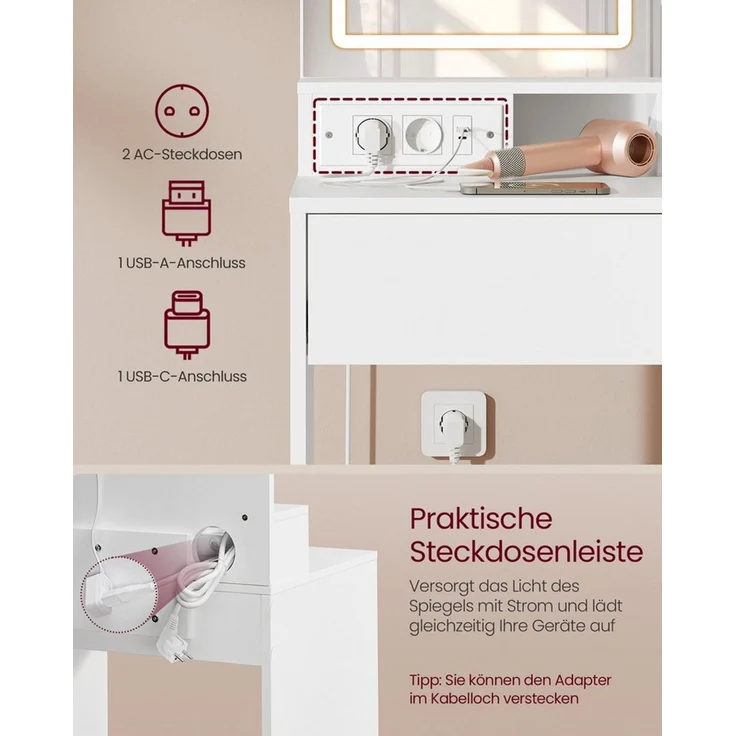 VASAGLE Schminktisch Frisiertisch mit Spiegel, Kosmetiktisch, 2 verstellbaren Ablagen, mit LED-Spiegel und Steckdosenleiste Hocker – Bild 2