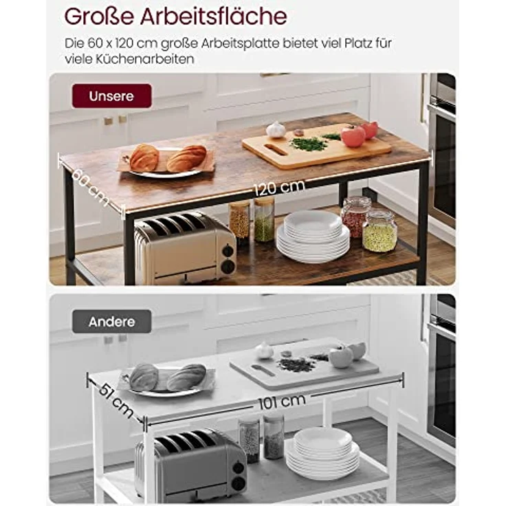 Vasagle Küchenregal mit großer Arbeitsplatte, 3-stufiges Gewürzregal, Stahlrahmen, 60 x 120 x 90 cm, industriell, leichte Montage, Vintagebraun-schwarz – Bild 7
