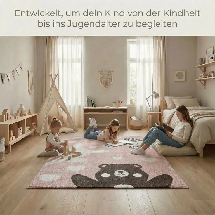 Jimri Teppich Kinderzimmer - Teppiche für Kinderzimmer, Kinderteppich, Kinderteppich Mädchen, Bär, Hase, Panda, Herz, (Hellrosa, Größe: 80x150 cm) – Bild 2