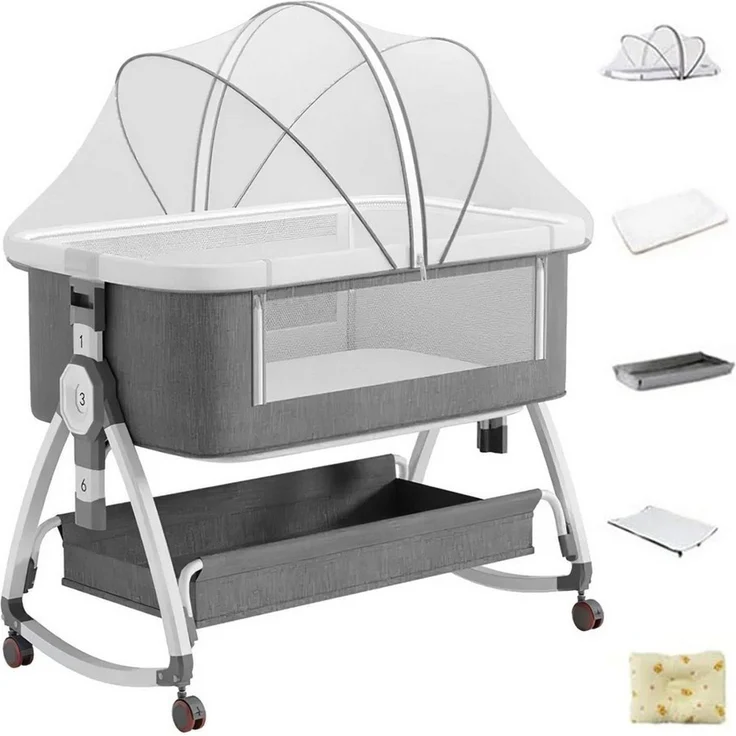 AIMAX Babybett Zustellbett Reisebett Kinderreisebett mit Matratze Laufstall, Höhenverstellug Moskitonetz Wickeltisch zu Montieren und zu Falten – Bild 1