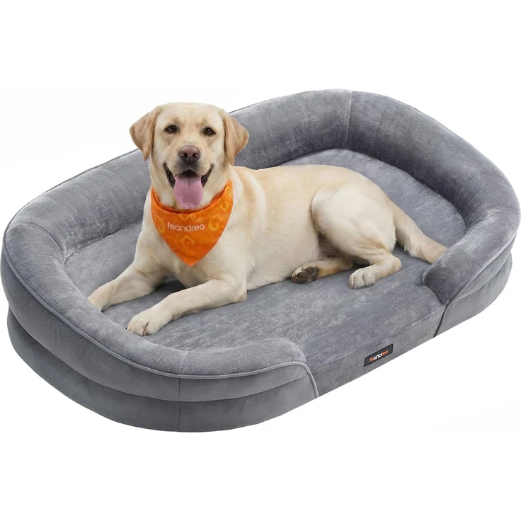 Feandrea Hundebett, Hundekissen, für mittelgroße Hunde, 112 x 81 x 18 cm, orthopädisch, wasserdichte Innenschicht, erhöhte Ränder, Abnehmbarer, waschbarer Bezug, rutschfest, hellgrau PGW285GD01