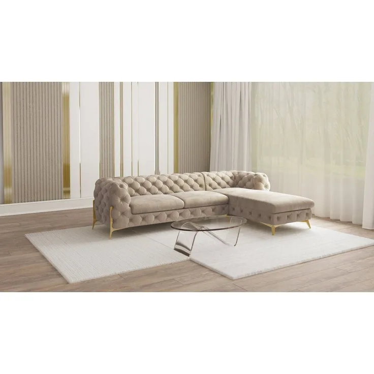 S-Style Möbel Ecksofa mit Ottomane Chesterfield Ashley mit Goldene Metall Füßen, Ottomane links oder rechts bestellbar, mit Wellenfederung