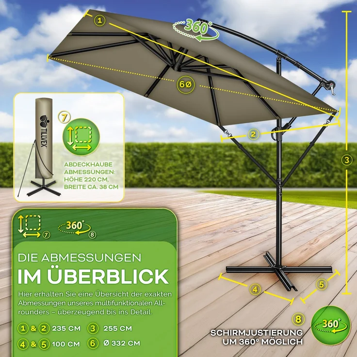 tillvex® Alu Sonnenschirm Rechteckig Ø 330 cm Braun + Abdeckung mit Kurbel | Ampelschirm Eckig mit Ständer & Windschutz | Gartenschirm UV-Schutz Aluminium | Kurbelschirm Marktschirm wasserdicht 360° drehbar – Bild 4