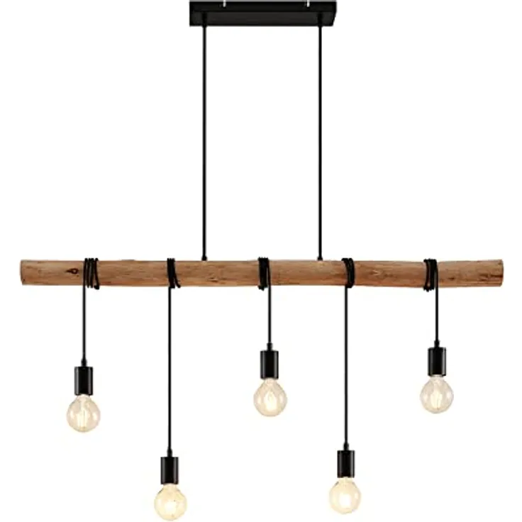 Lindby Hängeleuchte Rom, 5-flg. Pendelleuchte aus Holz und Seil, Schwarz, 116 cm, Vintage-Optik