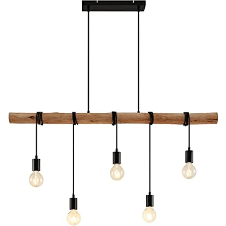 Lindby Hängeleuchte Rom, 5-flg. Pendelleuchte aus Holz und Seil, Schwarz, 116 cm, Vintage-Optik – Bild 1