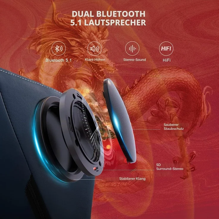 GTPLAYER Gaming Stuhl Gamer Stuhl mit Bluetooth-Lautsprechern und Fußstütze, Dragon Series Bürostuhl, Ergonomischer Drehsessel, Computerstuhl 150KG, blau – Bild 5