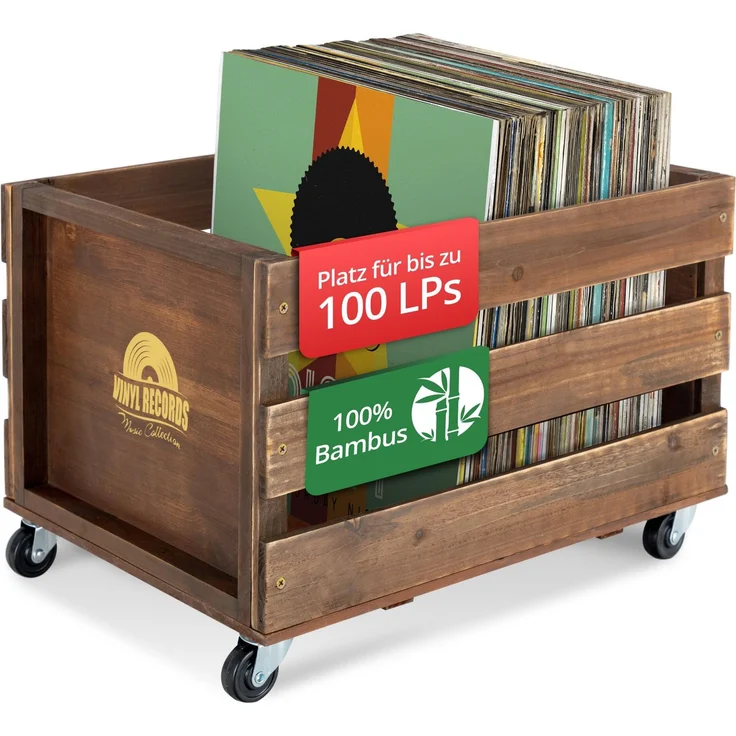 Stagecaptain SPKB-100 BN Bambus Schallplattenkiste “Emil” 2x Set - Aufbewahrungsbox für bis zu 100 LPs - aus Bambus - 4 lenkbare Rollen - auch für vieles andere bis 25 kg verwendbar - Braun