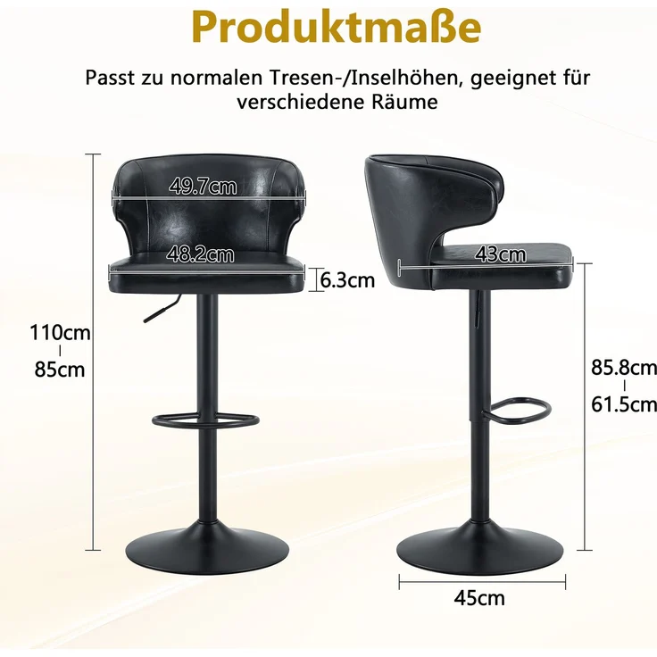2er Set Barhocker mit Lehne Höhenverstellbar, 360° Drehbar Barstuhl mit Großem Sockel & Fußstütze, Modern Küchenhocker für Bar Küche Theke (Nur Stühle)--Schwarz3--49.7x45x110cm--YOUDENOVA – Bild 4