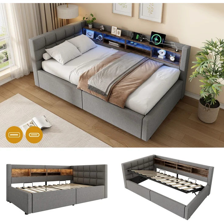 Daybett, Tagesbett, Schlafsofa,90x200cm, Ohne Matratze, Hydraulische Lagerung, mit dimmbarer LED-Leiste, mit praktischem Regal, mit USB-Anschluss, Grau – Bild 5
