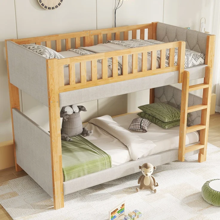 Etagenbett mit 2 Schlafgelegenheiten, 90x200cm, Kopfteil gepolstert, Kinderbett mit Leiter und Lattenost, Massivholz – Bild 4