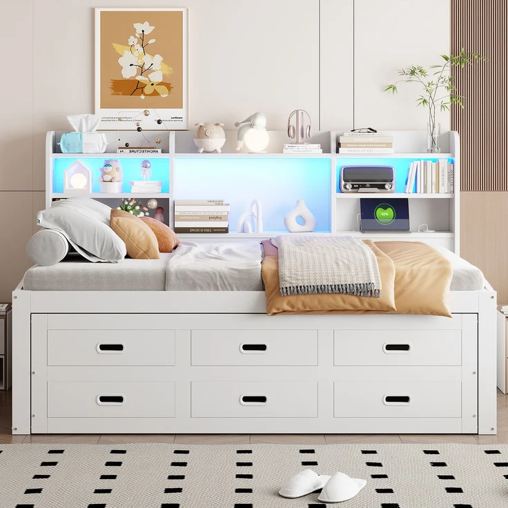 Bett 90x200 cm mit Ausziehfunktion, LED-Fernbedienung und Stauraum – Weiß – Bild 4
