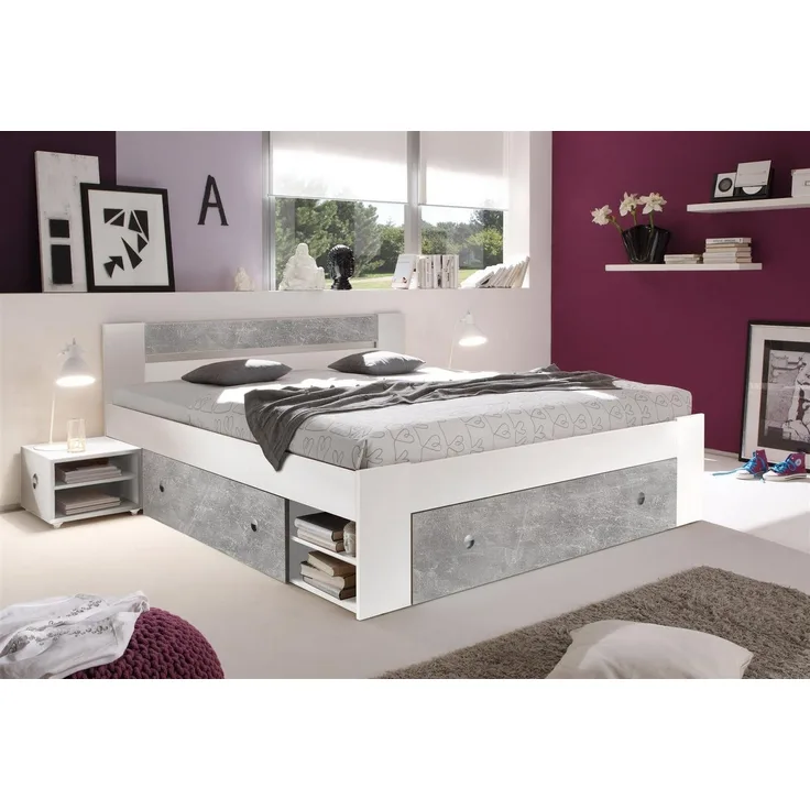 Stauraumbett >Robina< in Beton Nachbildung / Weiß - 185x86x204cm (BxHxT)