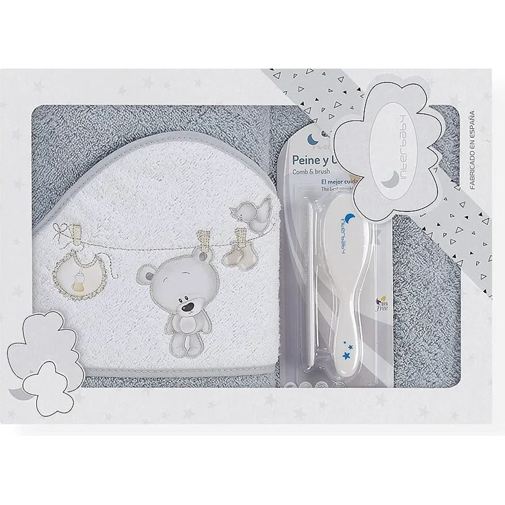 Interbaby P1182-31 Baby Kapuzenbadetuch TENDEDERO OSO grau mit Kamm und Bürste, grau – Bild 1