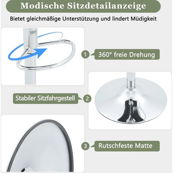 Verstellbares Barhocker-Set (2er-Set), moderne gepolsterte Barhocker mit Armlehnen, um 360° drehbar, höhenverstellbar, geeignet für die Bar zu Hause und für Restaurants--Hellgrau2--45x37.6x118cm--YOUDENOVA – Bild 6