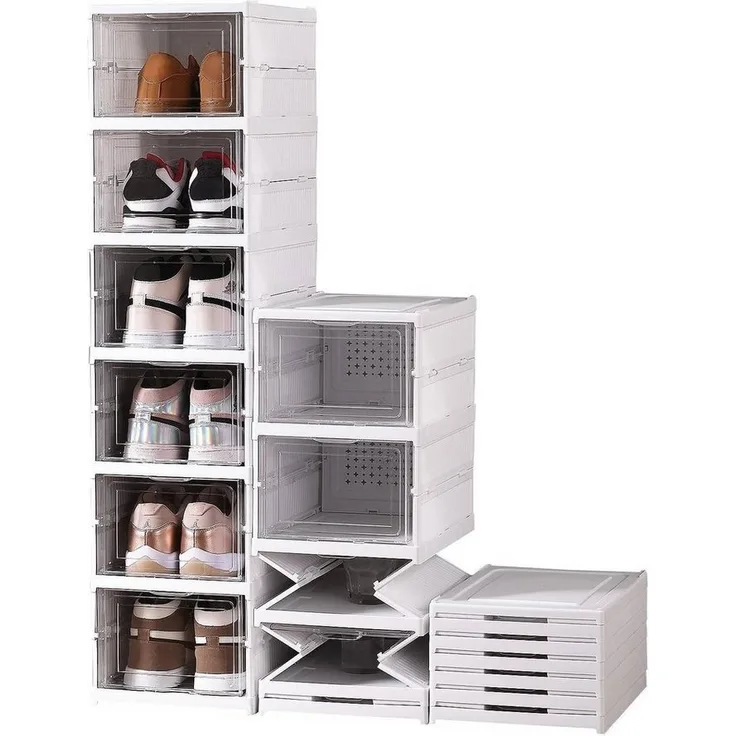 BlingBin Schuhbox 6-stufige Faltbar Schuhschachteln, Stapelbar Schuhe Organisator (1er Set, 1 St, 6 Ebenen Maße (LxBxH): 25,5 x 34,5 x 105 cm), Aufbewahrung Organisierer Ordnungssystem, Schuhaufoewahrung mit Tür