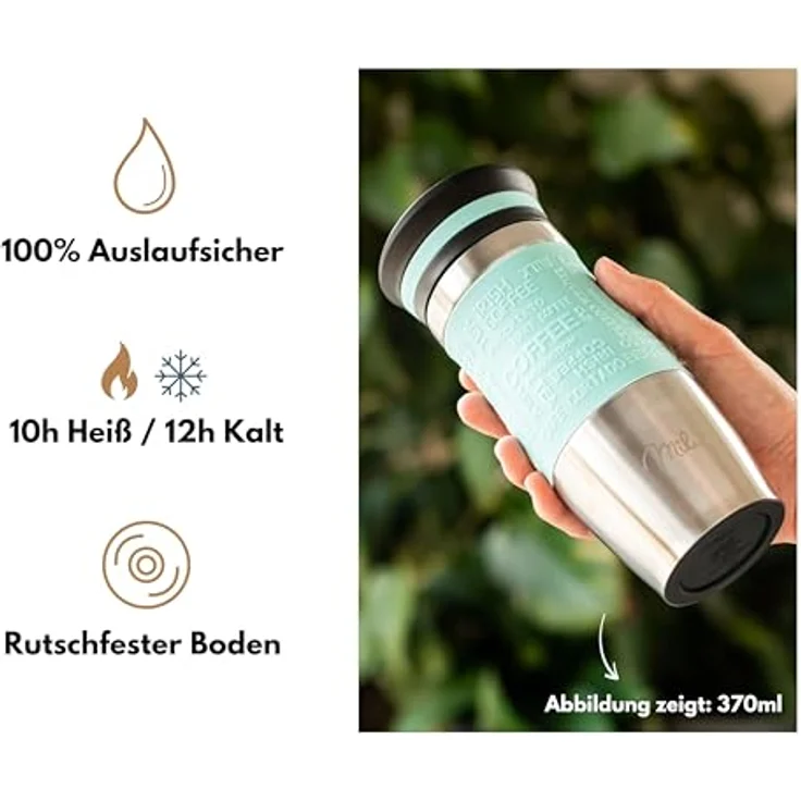 Milu Thermobecher Isolierbecher Kaffeebecher to go - 370ml - 100% Auslaufsicher - Trinkbecher aus Edelstahl - Autobecher doppelwand Isolierung - Thermo Becher - Travel Mug - (Türkis, 370ml) – Bild 3