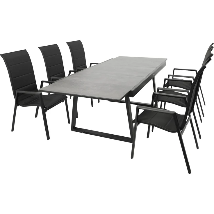 DEGAMO REIMS II Gartengarnitur, Alu + Keramikoptik, anthrazit, 7-teilig grau (6x Stapelsessel, 1x Ausziehtisch 180/240x100cm) – Bild 1