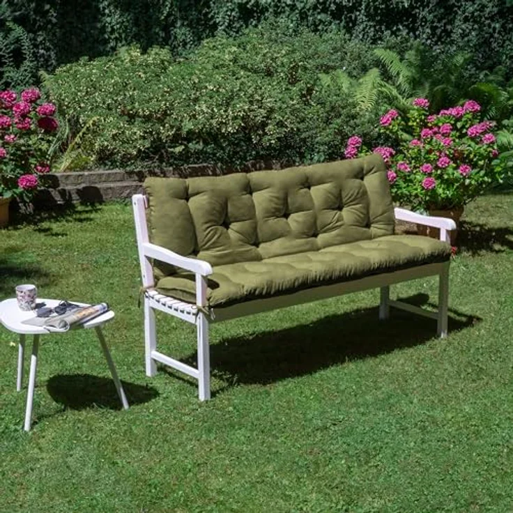 Beautissu Bankauflage Flair BR Olivegrün, 100x50cm, Sitzkissen für Gartenbank mit Rückenlehne und UV-Lichtechtheit 5 – Bild 2