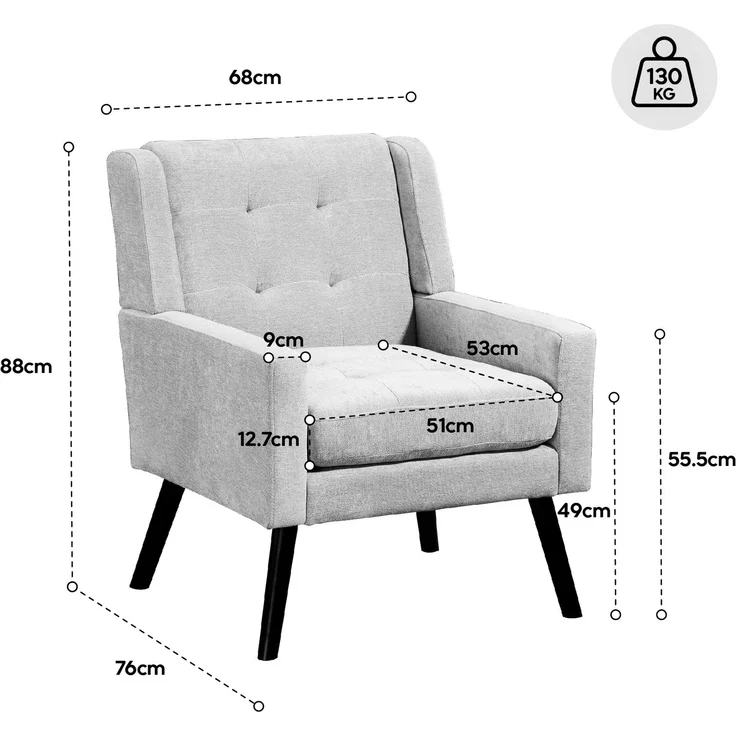 LVHOM Sessel aus Leinenstoff mit Knopfsteppung, Relaxsessel mit Massivholzbeinen, Polstersessel für Wohnzimmer & Büro, bis 130kg, Hellgrau – Bild 5