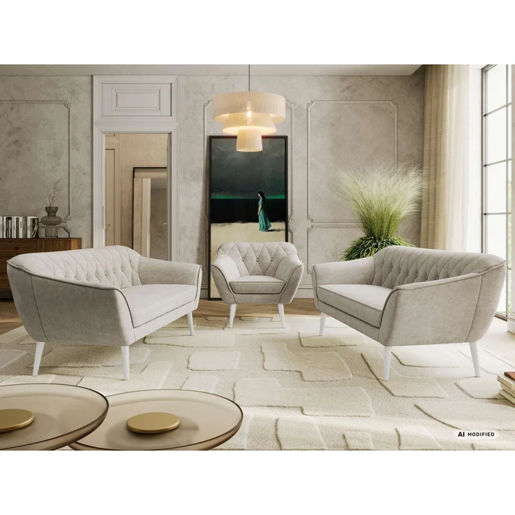 Wohnzimmerset, Möbelset PIRS 3-3-1, Armlehnen, Wellenfederung, weiße Füße, Dreisitzer Sofas mit Sessel, Polstermöbel Set - Greige Stukture – Bild 4