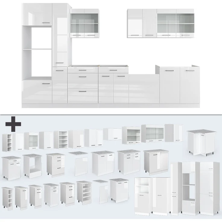 Küchenzeile R-Line Weiß Hochglanz/Weiß 350 cm mit Hochschrank, ohne Arbeitsplatte Vicco – Bild 6