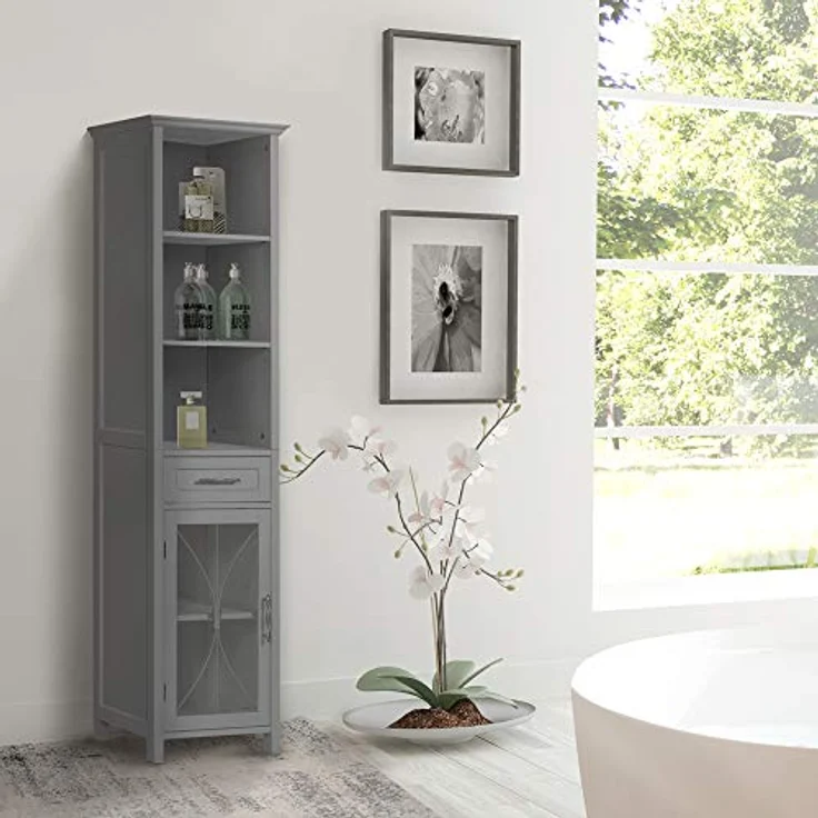 Teamson Home Delaney Badezimmer Holz Multi funktionaler Leinenschrank grau EHF-7978G mit Schubladen und offenen Regalen – Bild 2