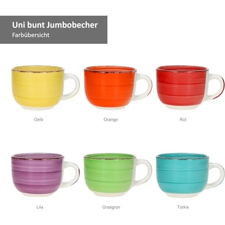 MamboCat Becher 6er Set Uni Jumbotasse 400ml 6 Personen bunte XL-Becher Kakao Kaffee, Steingut – Bild 5