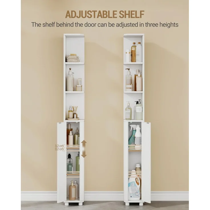 Badezimmerschrank, Eckschrank Badschrank, Toilettenschrank mit verstellbare Ablagen, 2 Seitentüren, schmales Badregal, einfache Montage, 20 x 20 x 170 cm, weiß – Bild 4
