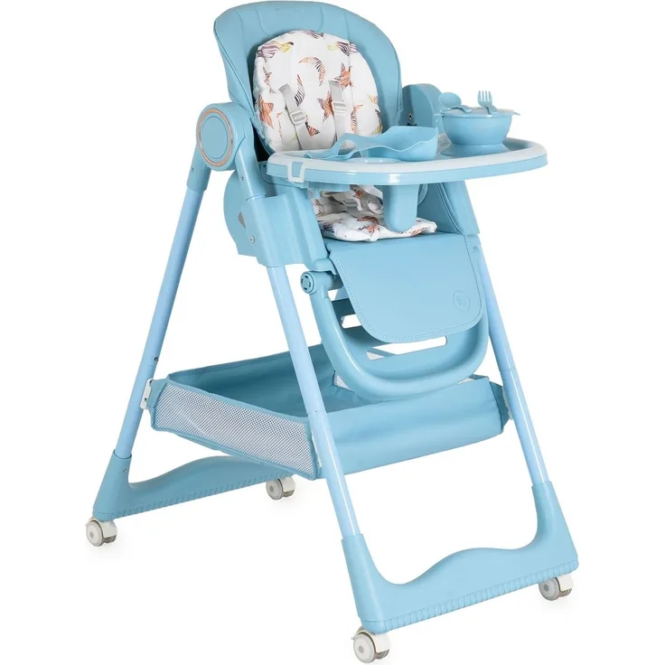 Moni Kinderhochstuhl Surprise faltbar Lätzchen Schüssel Löffel Gabel Räder Korb blau
