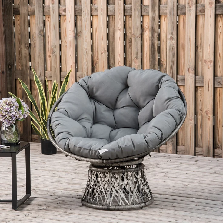 Runder Garten-Sessel, drehbarer Papasan-Sessel, Ø 97 x 86H cm, großes Kissen im Lieferumfang enthalten, Polyester-Geflecht – Bild 4