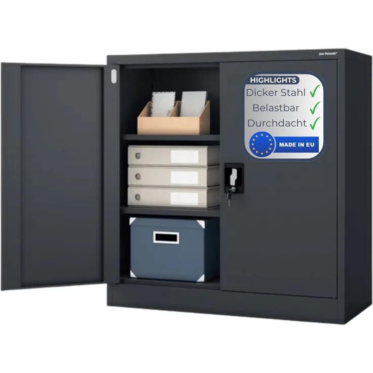 Aktenschrank abschließbar KADO - 3 Ebenen verstellbar, Flügeltüren | Metallschrank Werkstatt Mehrzweckschrank Büroschrank aus Stahl Werkzeugschrank, 93x90x40cm Anthrazit