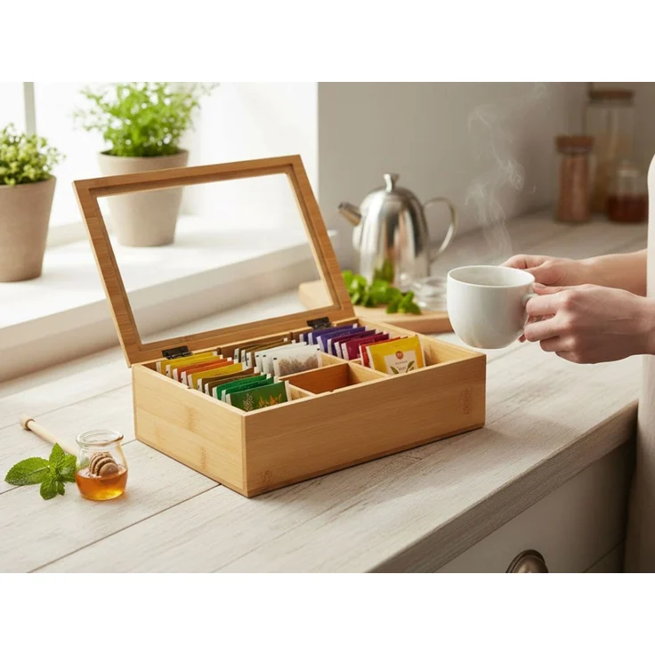 LS-LebenStil Teebox Holz Aufbewahrungsbox Teebox 6 Fächer mit Deckel Teekiste Schmuckkiste, Bambus, (Nachhaltiger Organizer - durchsichtiger Glasdeckel, 1-tlg, Holzkiste Schmuckkiste Schmuckkasten Schmuckkästchen Aufbewahrung), Aufbewahrung für Teebeut... – Bild 3