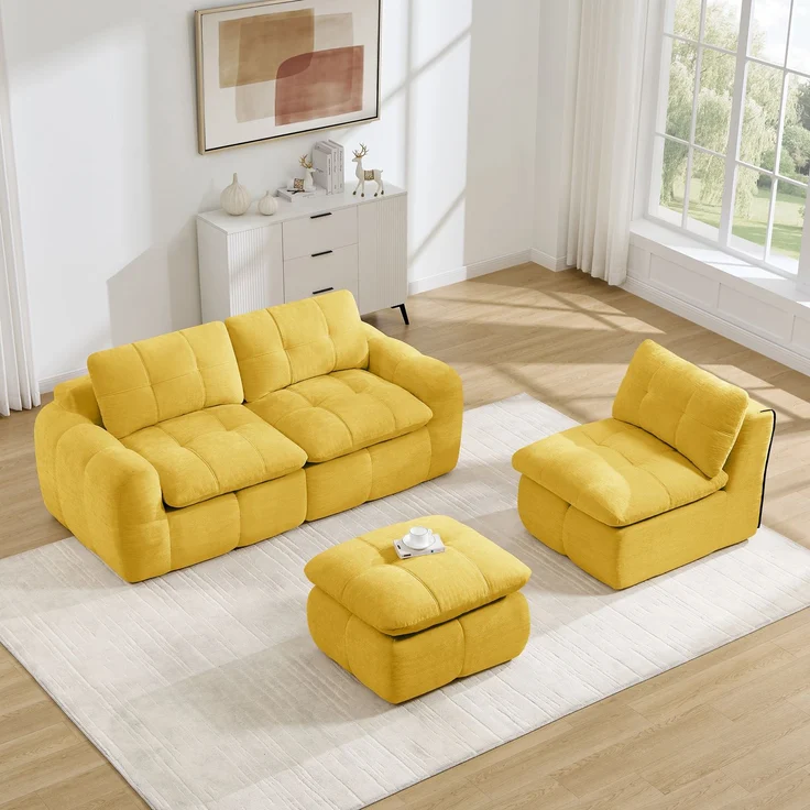 EINHOM 3‑sitziges L‑förmiges rahmenloses Modulsofa, hautfreundlicher weicher Chenille‑Bezug, 32D‑Hochdichtschaum‑Füllung, montagefrei mit 1 Ottoman für Wohnzimmer & Apartments, Gelb – Bild 5