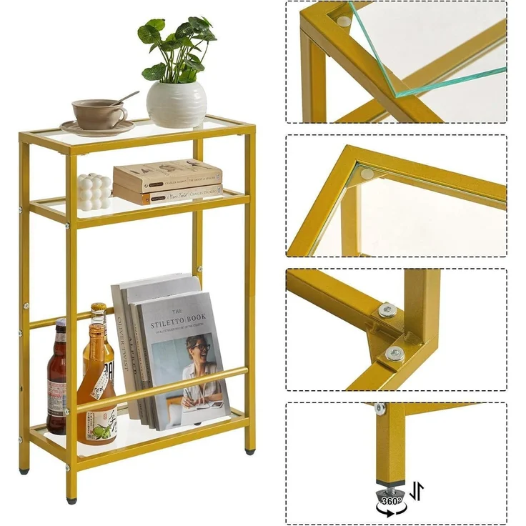 Beistelltisch Glastisch Zeitschriftenhalter 3 Etagen Sofa Goldfarben – Bild 7