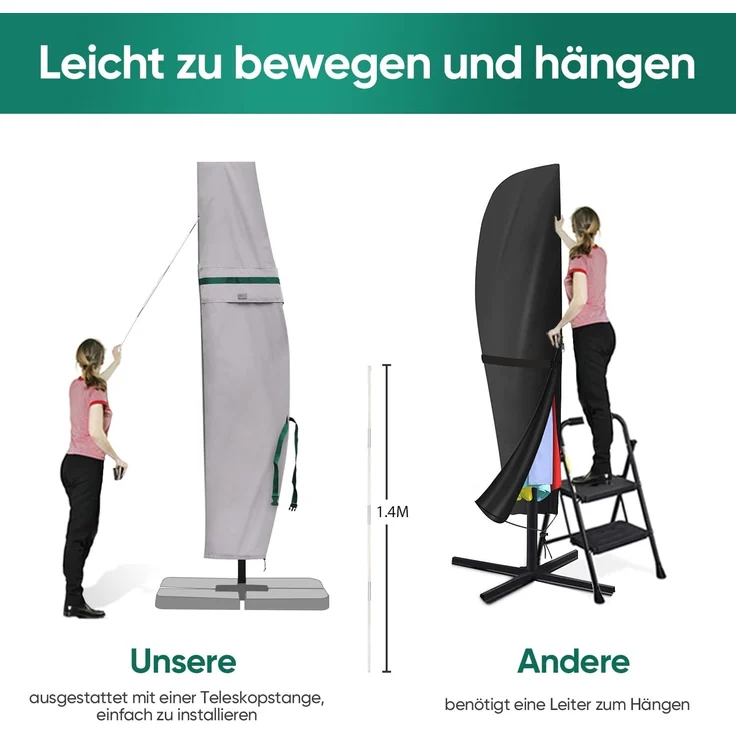 Sekey Ampelschirm / Sonnenschirm Schutzhülle mit Stab, Abdeckhauben für Gartenschirm mit Belüftungsöffnungen, Abdeckung für Kurbelschirm / Balkonschirm, 100% Polyester, wasserdicht, Hellgrau – Bild 3