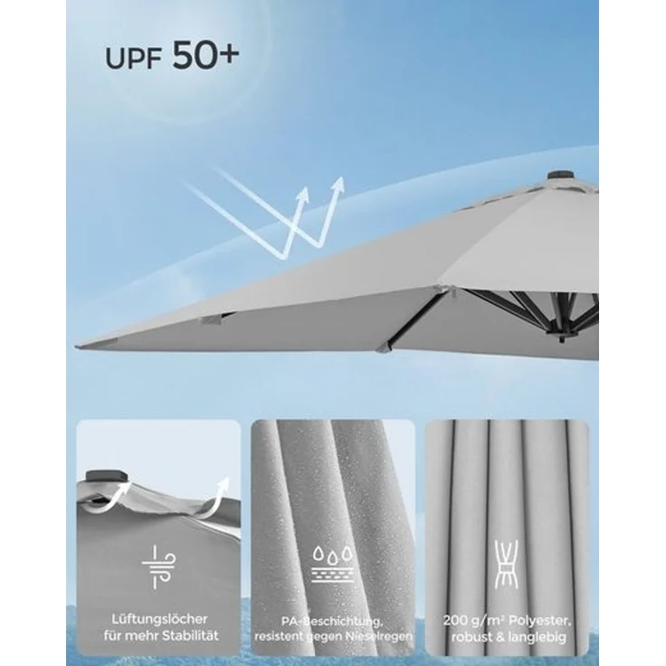 Songmics Sonnenschirm mit Ständer, 360° drehbar, UPF 50+, Hellgrau, 253 x 290 x 290 cm – Bild 3