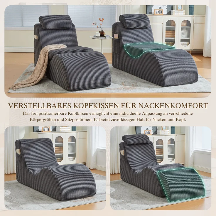 Freizeit-Sessel, Cord mit Seitentasche & ergonomischer Form, 160x66x90 cm, Dunkelgrau – Bild 9