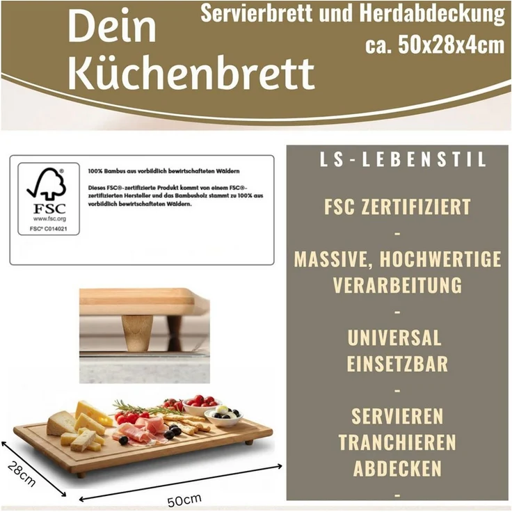 LS-LebenStil Schneide- und Abdeckplatte XL Holz Schneidebrett Herdabdeckplatte 54x28cm FSC Bambus Küchenbrett, Holz, (Tranchierbrett mit Saftrinne, Küchenbrett Holzbrett Servierbrett, 1 tlg, Kochfeld Ceranfeld Herdabdeckung), Schneideplatte Vesperbrett... – Bild 2
