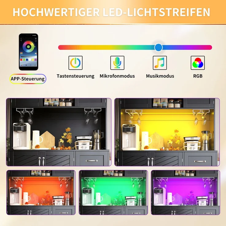 Seitenboard / Aufbewahrungsschrank / Küchenschrank / Buffetschrank, 120 x 40 x 188 cm, mit LED-Beleuchtung, Snackregal & Getränkehaltern, 4 Türen & 2 große Schubladen, Grün/Schwarz/Weiß – Bild 10