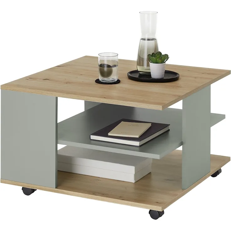 Couchtisch >Fay< 4 Rollen, Artisan Eiche Dekor, Salbei - 70x44x70 (BxHxT)