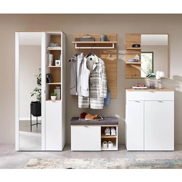 XXXL Garderobe Bari, 5-teilig in Weiß und Eiche Artisan, mit Glas, Textil und Holzwerkstoff, 264x202x38 cm, inkl. Spiegelflächen und Sitzgelegenheit – Bild 2