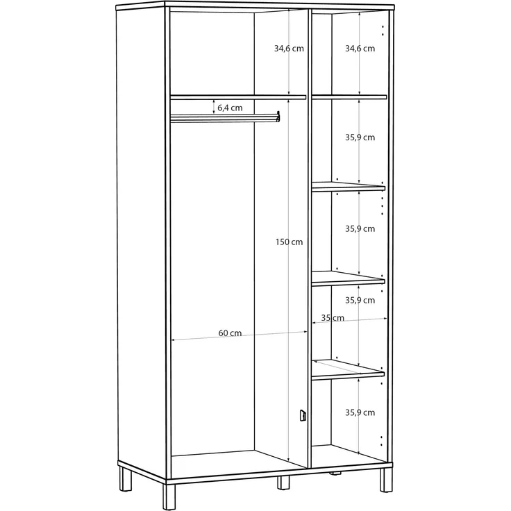 Forte SKELBIT Kleiderschrank 100, schmaler Schrank, 2-türig, Flur, Jugendzimmer, Schlafzimmer, Holzwerkstoff, Elegancia Eiche Holzdekor|Technorattan, 101,3 cm breit x 200,9 cm hoch x 52,9 cm tief – Bild 6