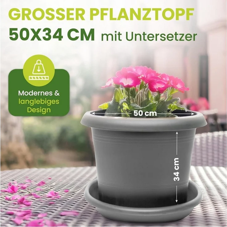 Centi Pflanzkübel 50 cm Blumentopf Groß in Anthrazit (1er-Set), Pflanzkübel mit Untersetzer – Bild 2