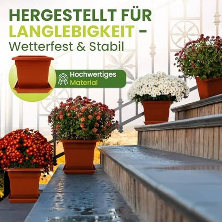 Centi Pflanzkübel Blumentopf Gross, Pflanzentopf Groß Außen Blumentopf mit Untersetzer (Set, 6 St, 40x40 cm aus Kunststoff in Terracotta), Pflanzkübel, Blumenkübel, Made in DE – Bild 4