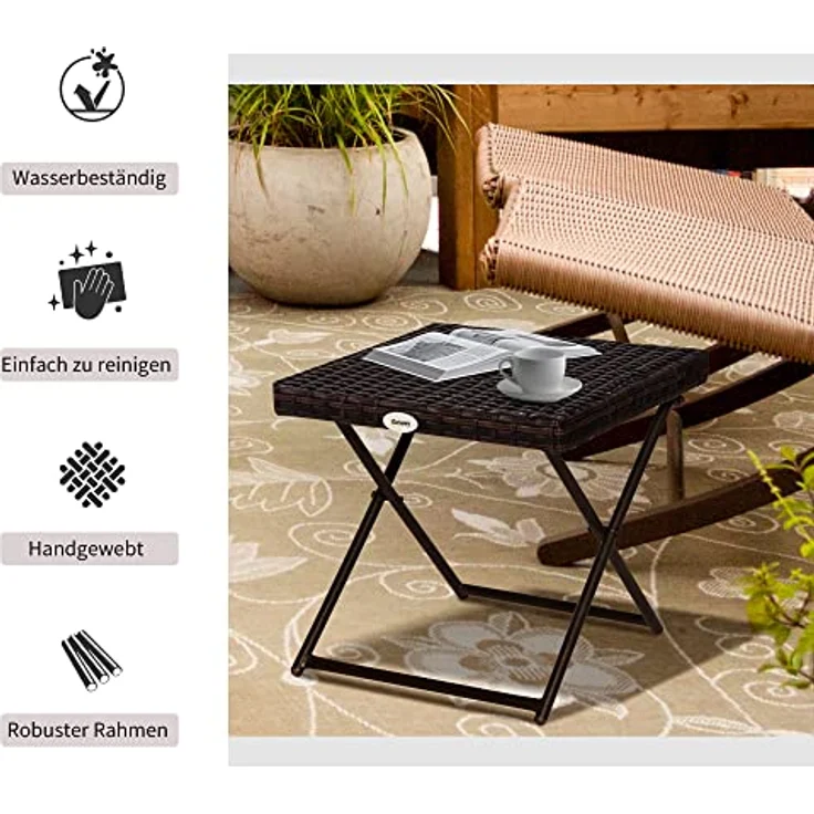 Outsunny Klapptisch, Gartenmöbel aus Polyrattan, Braun, 40x40x40 cm, stabiler Stahlrahmen, klappbar, pflegeleicht – Bild 6