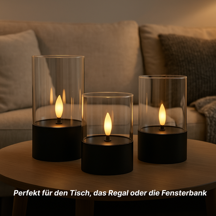 Brilliant Bougie LED-Kerzen 3er-Set - schwarz/geräuchertes Glas, warmweiß flackernd, 10 cm,12,5 cm,15 cm, batteriebetrieben, Dekoration für drinnen & draußen – Bild 4