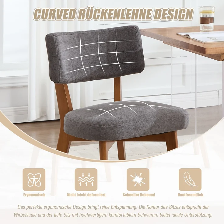 LVHOM 2er Set Esszimmerstühle Leinenstoff, Polsterstuhl aus Massivholz, belastbar bis 200 kg, Stuhl für Esszimmer, Homeoffice & Wohnzimmer, Grau – Bild 4